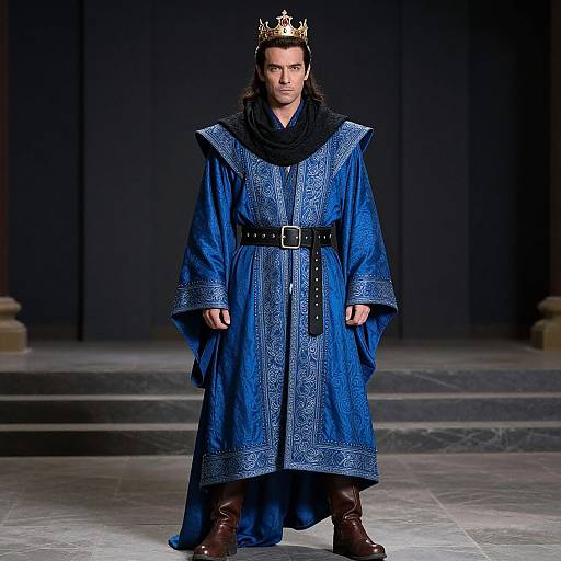 Photograph of a man with long dark hair, wearing a blue embroidered royal robe, black belt, brown boots, and a gold crown, standing on