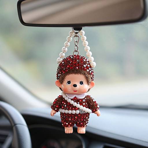 Photograph of a cherubic, red sequin Santa doll with white trim, hanging from car rearview mirror, blurred car interior background.