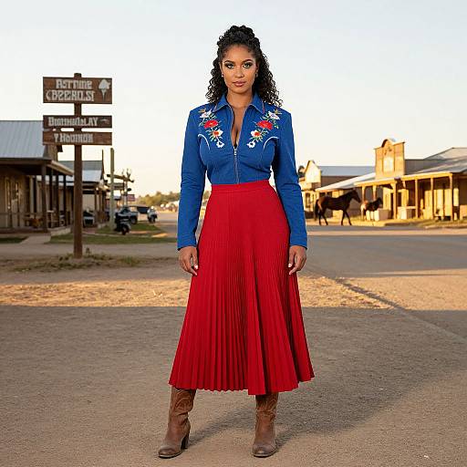Photograph of a curly-haired woman in a blue embroidered blouse, red pleated skirt, and brown boots, standing on a dusty Western street with 