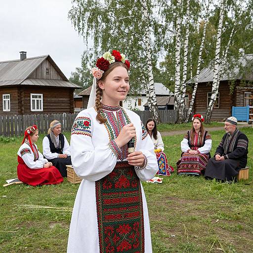 Photograph of a young woman in traditional Eastern European folk dress with floral crown, standing in grassy yard, surrounded by seated group. Wooden houses and