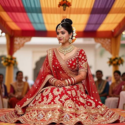 Photograph of a South Asian bride in a red, gold-embroidered lehenga, with hair in a bun, wearing gold jewelry, seated