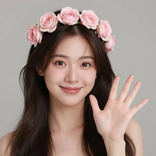 Photograph of an Asian woman with long black hair, wearing a pink rose flower crown, smiling, waving, against a plain gray background.