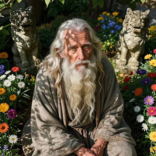 Photograph of an elderly man with long white hair and beard, wearing a gray robe, sitting amidst colorful flowers and stone lion statues in a sunny garden