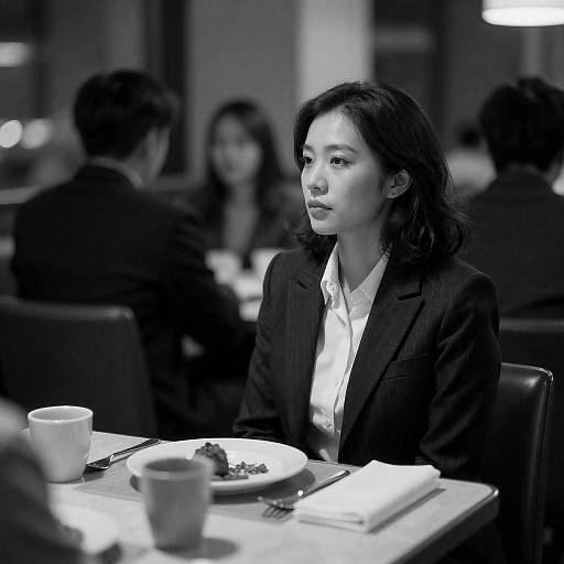 Moody Black-and-White Portrait at Restaurant Table