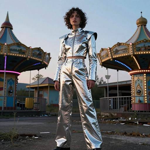 Androgynous Model in Futuristic Metallic Outfit at Abandoned Amusement Park
