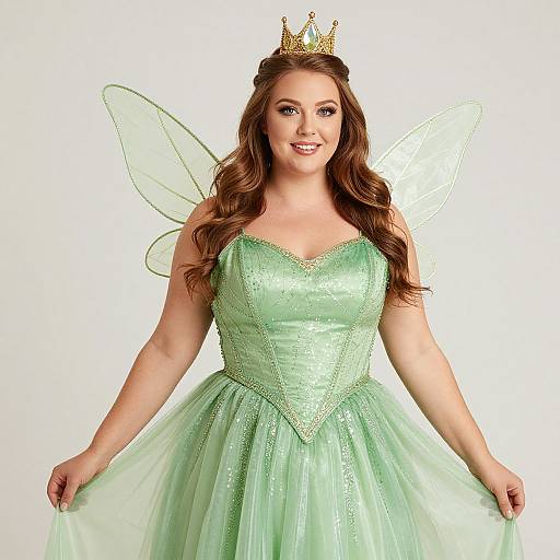 Photograph of a smiling woman with long brown hair, wearing a green fairy princess dress, gold crown, and transparent wings, against a white background.