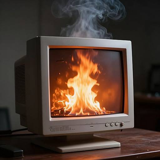 Photograph of an old-fashioned, gray CRT television with bright orange flames blazing inside the screen, emitting thick white smoke. Dark background, wooden surface.