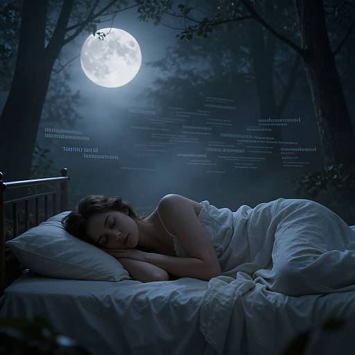 Photograph of a sleeping woman with pale skin, brown hair, and white bedsheet, under a glowing full moon in a dark forest, with digital