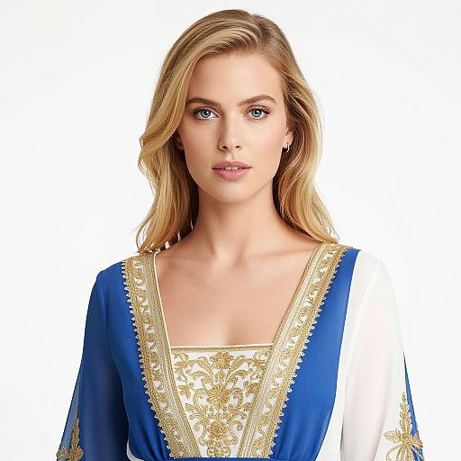 Blonde Woman in Embroidered Dress