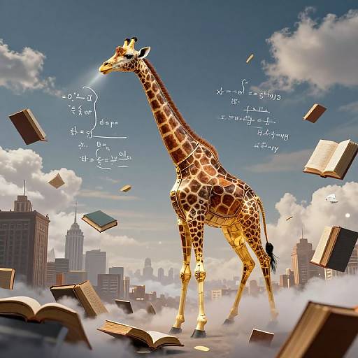 Photorealistic digital artwork of a giraffe with scientific equations floating around, standing on a cityscape surrounded by floating books and clouds.
