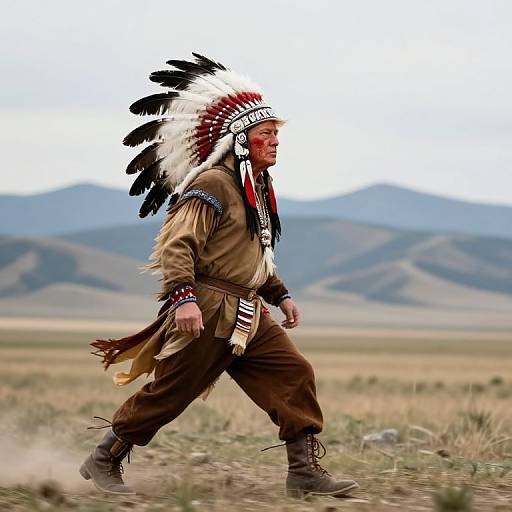 Man in Native American Chief Headdress Walking Outdoors