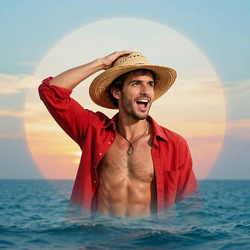Photograph of a handsome, muscular man with tan skin, wearing a red shirt, straw hat, and necklace, smiling in the ocean at sunset.