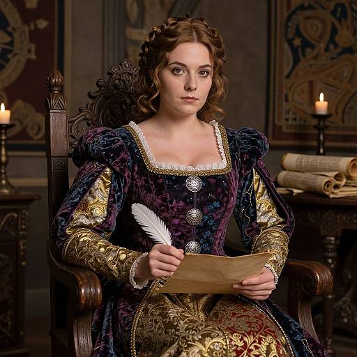 Young woman with curly brown hair, wearing an ornate medieval dress, holding a quill and parchment, seated in a dark, candlelit room.
