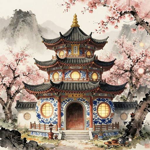 Ornate Ginger Jar Temple Scene