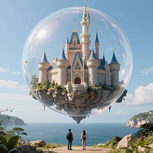 Digital art: Fantasy castle floating in a transparent bubble above a rocky cliff, seen from a distant, grassy shoreline with ocean and sky. Two figures