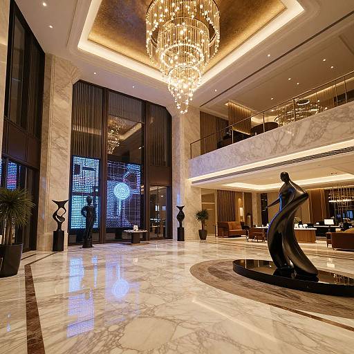 Luxurious hotel lobby with marble floors, large chandelier, black abstract sculptures, tall windows, and warm ambient lighting. Modern, elegant design.