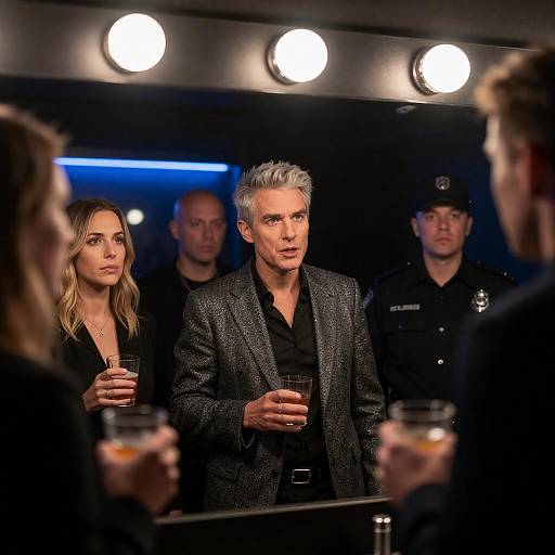 Group in Dimly Lit Room with Drinks and Security