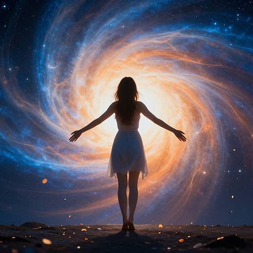 Silhouetted woman in white dress stands with arms outstretched, facing glowing, swirling galaxy in starry space. Digital art.