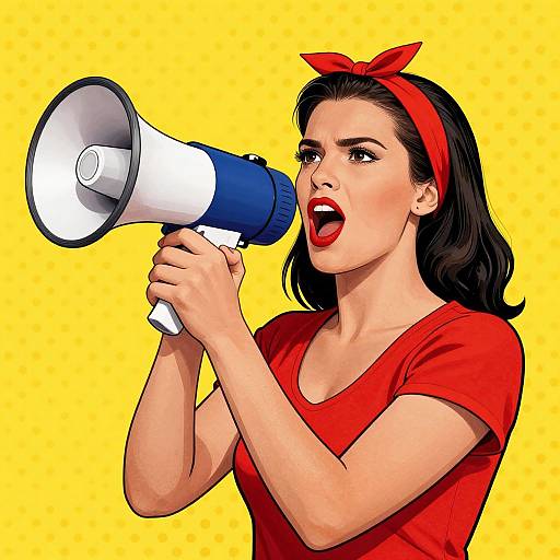 Comic-style illustration of a fair-skinned woman with black hair, red headband, red shirt, and blue-and-white megaphone, shouting against