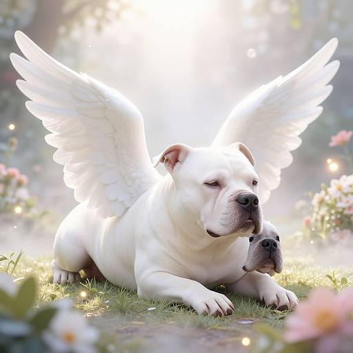 Photograph of a white bulldog with glowing, angelic wings, lying on grass, surrounded by soft sunlight and blurred flowers.