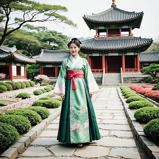Asian Woman in Traditional Korean Hanbok in Garden