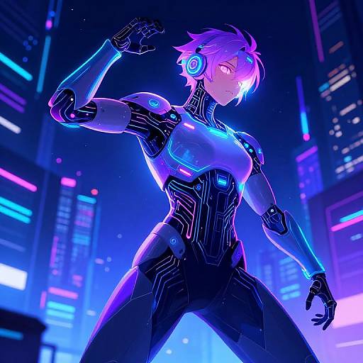 Cyberpunk female android with glowing pink and blue lights, futuristic cityscape background, neon lights, short purple hair, futuristic suit, confident pose,
