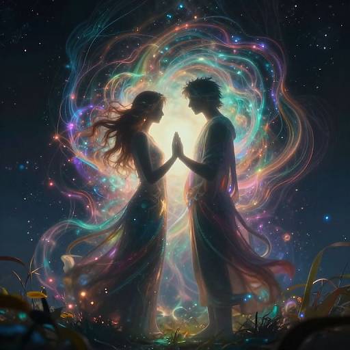 Digital artwork of silhouetted couple, hands touching, surrounded by colorful, swirling cosmic lights and stars, glowing in a night sky.