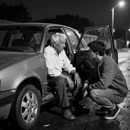 Elderly Man and Young Man by Damaged Car at Night