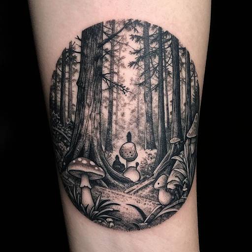 Monochrome circular tattoo of a mystical forest with tall trees, mushrooms, and fungi, featuring a small, shadowy figure in the center.