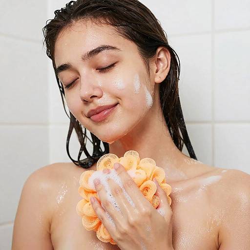 Young Woman Showering with Loofah