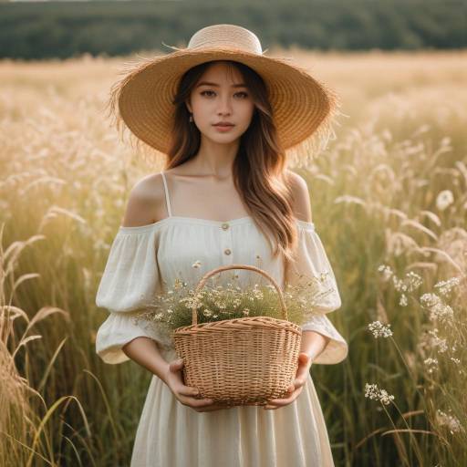 Woman in Straw Hat Holding Basket of Flowers