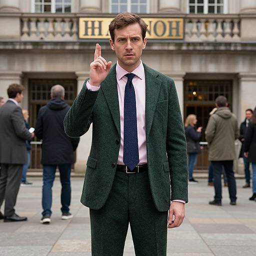Photograph of a serious, brown-haired man in a dark green suit, white shirt, and navy tie, standing in a bustling city square, with