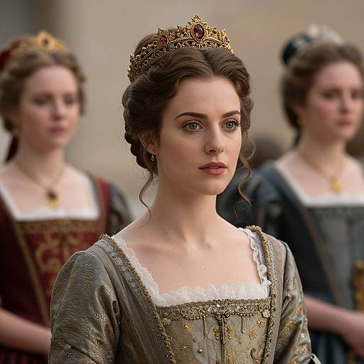 Photograph of a young woman with fair skin and dark brown hair in an elaborate golden crown, wearing a detailed, gray, Renaissance-style dress with lace