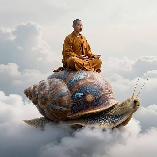 Photograph-like digital art of a bald Buddhist monk in orange robes sitting on a large, patterned turtle with antennae, floating in a cloudy sky
