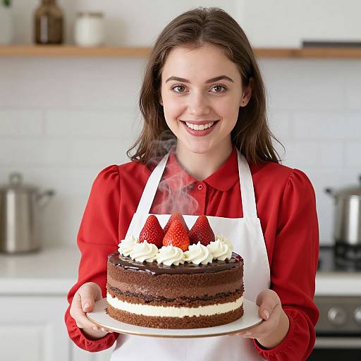 Photograph of a smiling woman with long brown hair, wearing a red shirt and white apron, holding a steaming chocolate cake with strawberries and whipped