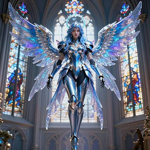 Digital artwork of a blue-winged, armored angel with glowing halo in a cathedral, illuminated by colorful stained glass windows.