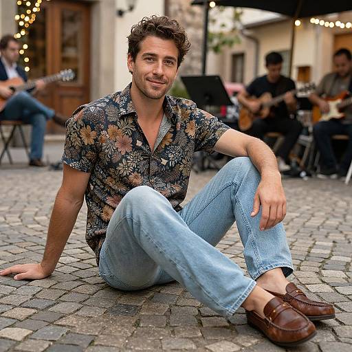 Photograph of a casually dressed, smiling man with short, curly brown hair, wearing a floral shirt, light blue jeans, and brown loafers,