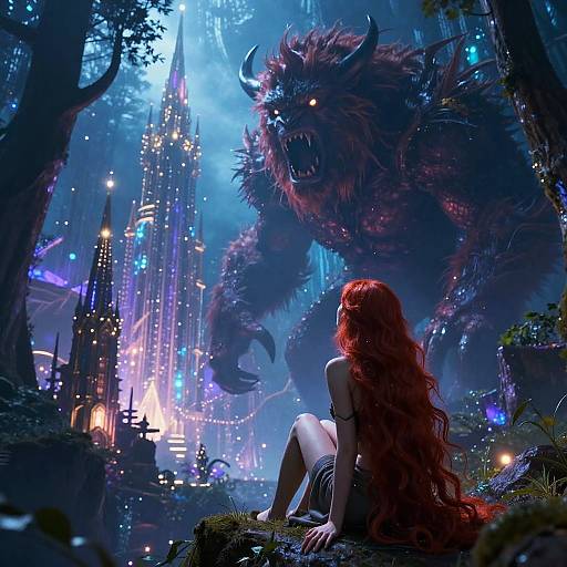 Red-Haired Woman Facing Giant Beast in Enchanted Forest