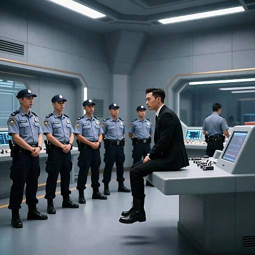 Futuristic Control Room with Police Presence