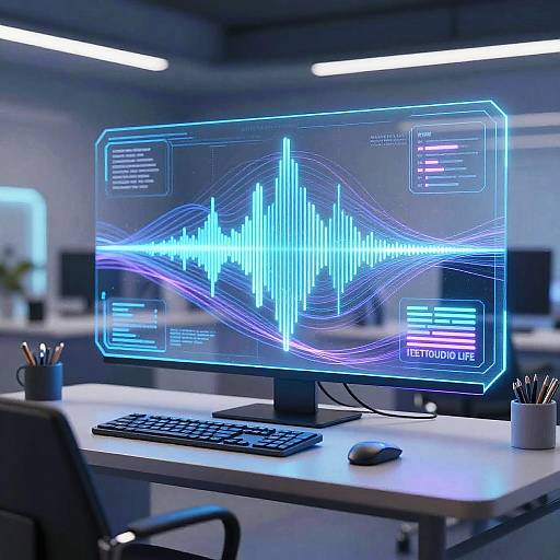 Photograph of a modern office desk with a glowing blue computer monitor displaying a vivid ECG waveform, keyboard, mouse, and office supplies in a softly