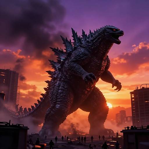 Photograph-like CGI of a massive, spiky Godzilla towering over a cityscape at sunset, with fiery orange and purple skies, buildings silhouet