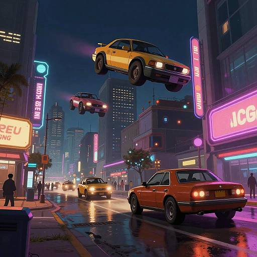 Neon-lit, futuristic city street at night featuring flying yellow and black cars, with classic orange and yellow cars on wet streets.