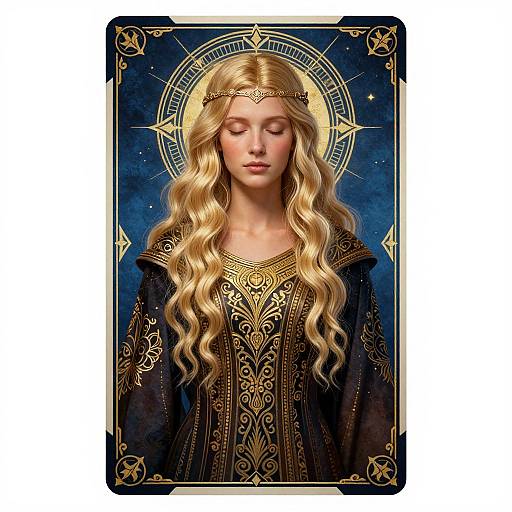 Digital illustration of a serene, blonde, long-haired woman with closed eyes, wearing an ornate black gown and golden headpiece, against a dark blue