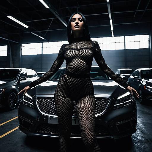 Fashion Model in Sheer Fishnet Dress in Industrial Garage