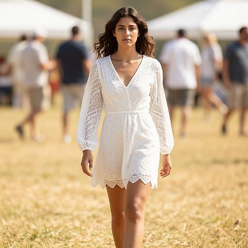 Photograph of a woman with long dark hair, wearing a white lace V-neck dress, walking confidently on a sunny, grassy field with blurred people