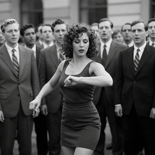 Curly-haired Woman Dancing Among Men in Suits