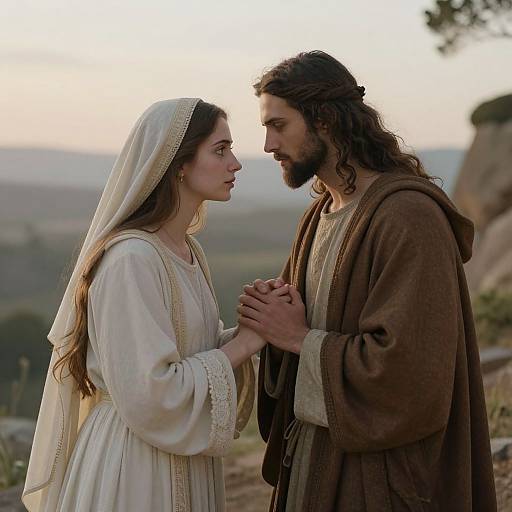 Photograph of a long-haired, bearded man in a brown robe and a woman with a white veil and dress, holding hands, gazing at