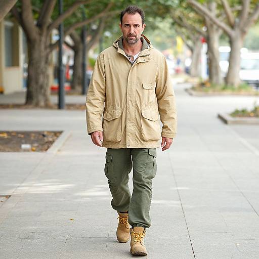 Photograph of a middle-aged man with a beard, wearing a beige jacket, green cargo pants, and tan boots, walking on a tree-lined urban