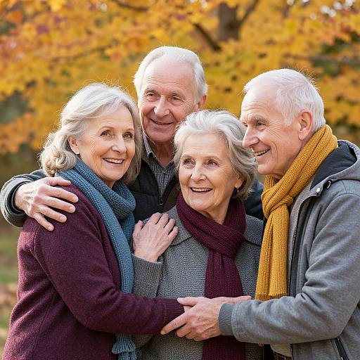 Photograph of four elderly white individuals with white hair, smiling, hugging outdoors in autumn with vibrant orange foliage in the background.