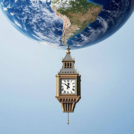 Photographic-style CGI of Earth with North and South America visible, supporting a floating Big Ben clock tower against a clear blue sky.